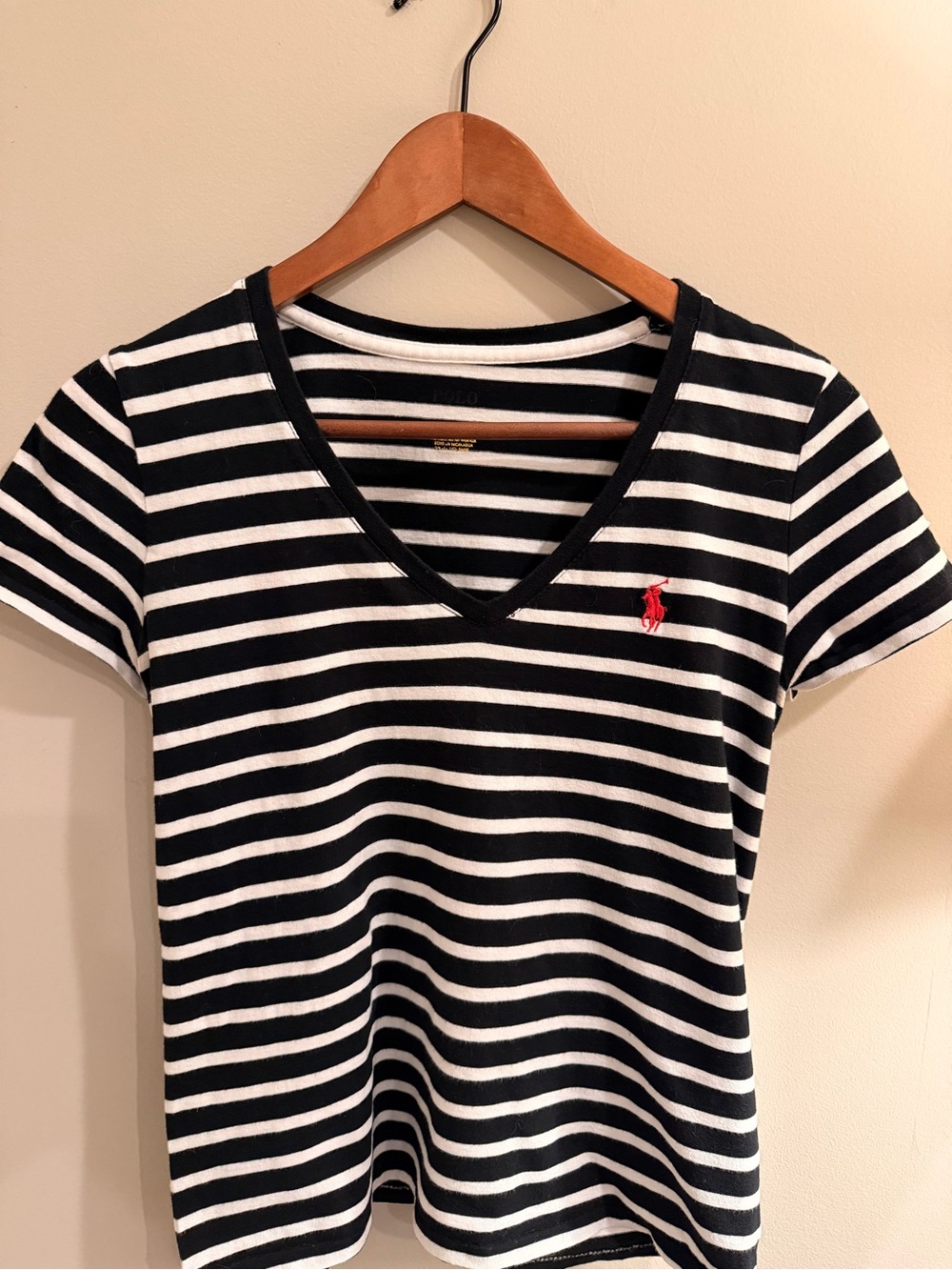 Polo by Ralph Lauren Black & White Striped V-Neck Tee with Red Logo